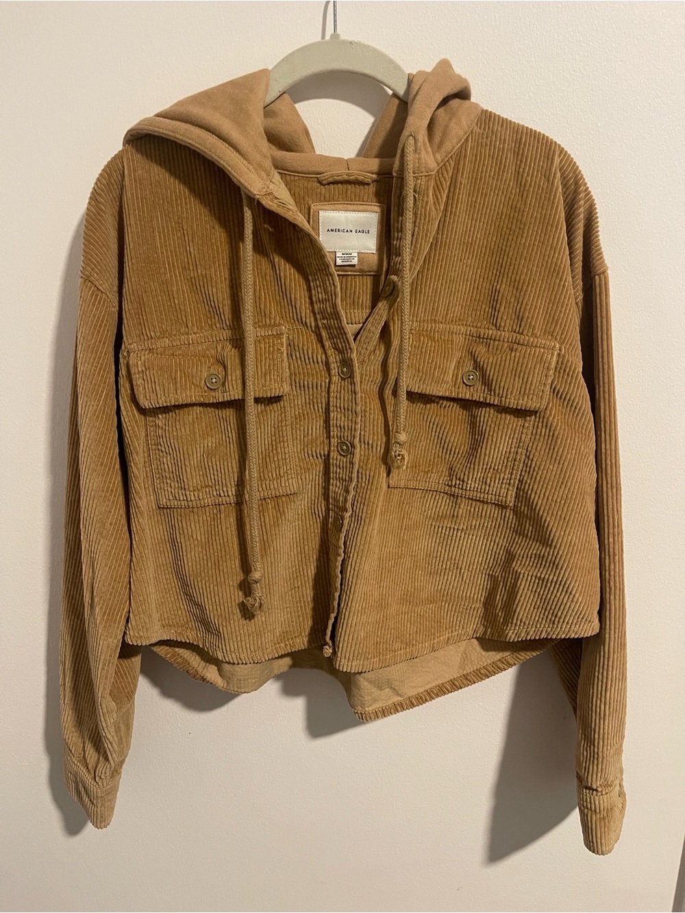 American Eagle Tan Corduroy Button-Up Jacket with Hood